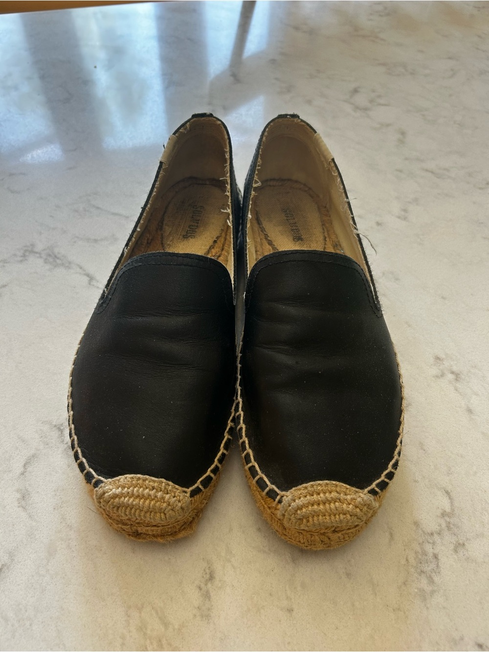 Soludos Black Leather Espadrille Slip-On Flats with Jute Toe